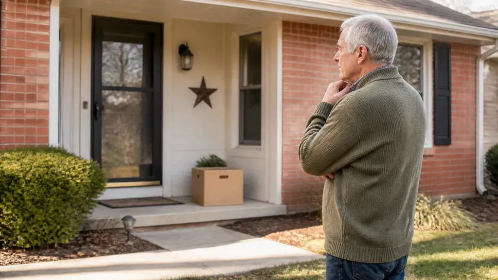 A man standing on a driveway with his hand to his chin, looking at a brick ranch house.
