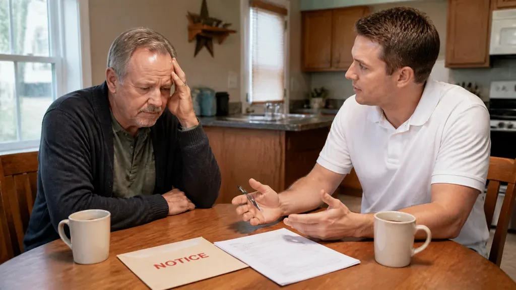 Two men at a kitchen table with a notice letter between them, one holding his forehead.