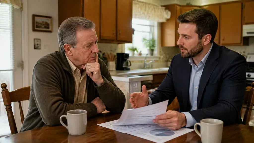 A man in a suit showing a document to an older man across a kitchen table.