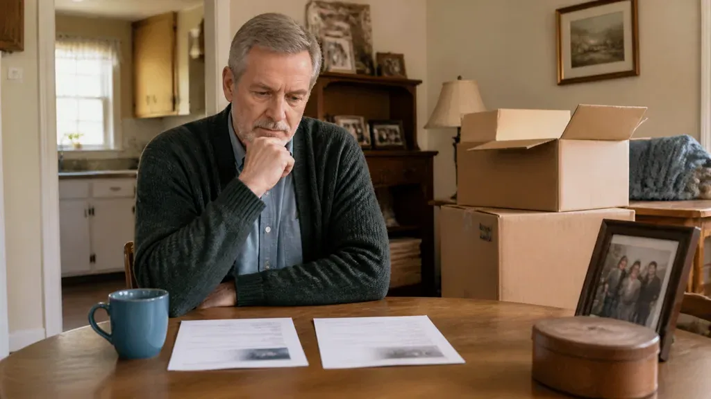 A man sitting alone at a table with two documents, packing boxes stacked behind him.