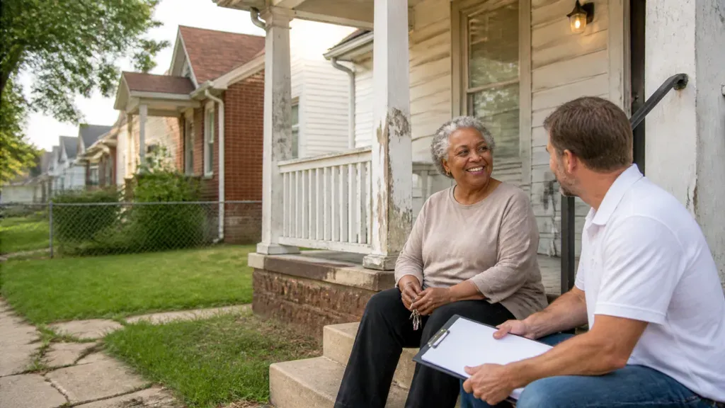 A woman on her front steps talking with a man holding a clipboard, chain-link fence beyond.