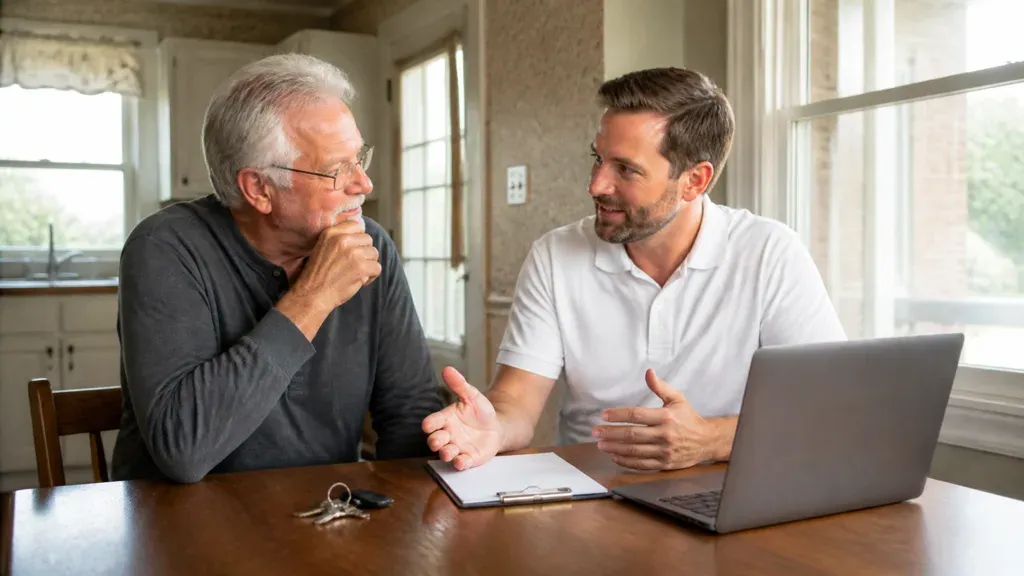 Two men talking across a table with an open laptop and a set of house keys between them.