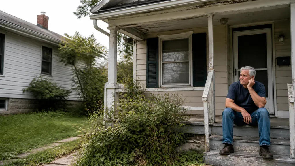 A man sitting on the steps of a run-down house with peeling paint and an overgrown yard.