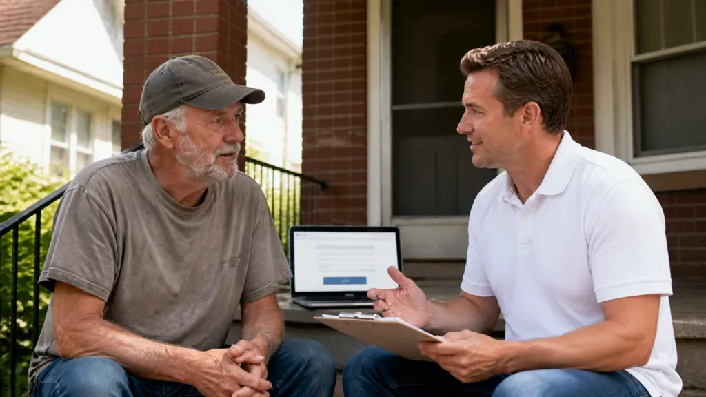 A man in a ball cap listening as a younger man shows him a laptop on the front steps.