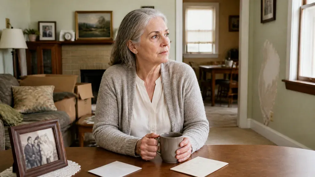 A woman holding a mug at a dining table, packing boxes and framed photos around her.