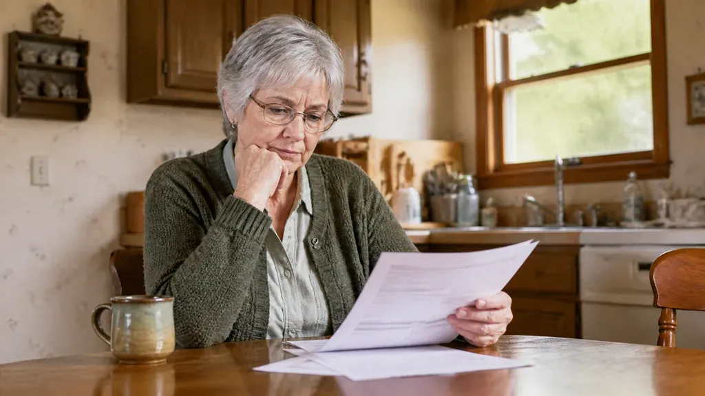 A woman in glasses reading a letter at her kitchen table, chin resting on her hand.