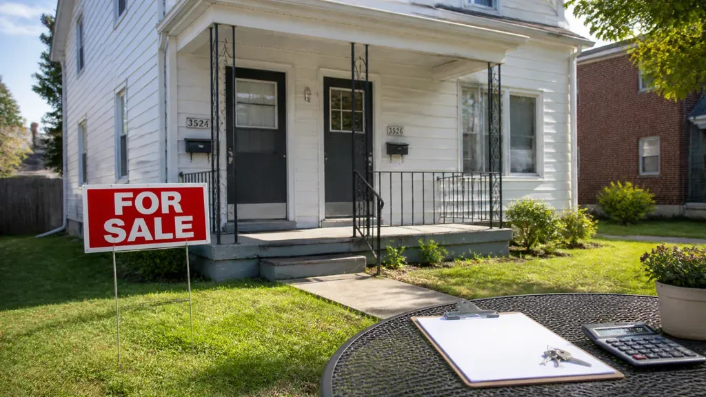 A red for sale sign on the lawn of a white rental duplex with a clipboard on the drive.