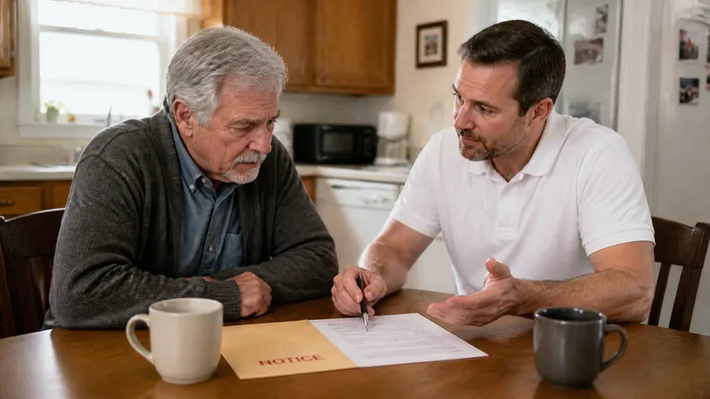 A man holding a pen over a notice envelope while another man talks him through it.