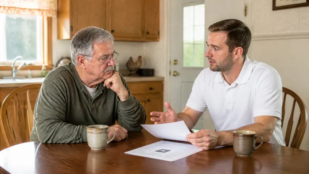 An older man in glasses listening, hand on chin, as a document is explained to him.