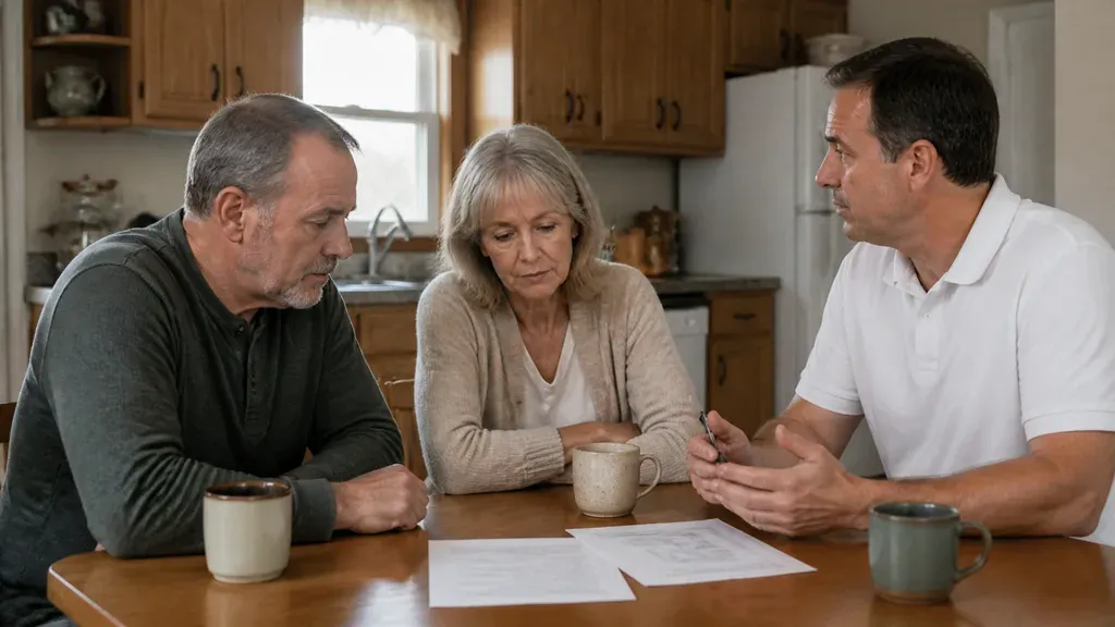 A couple reading paperwork together at a kitchen table with a third person opposite.