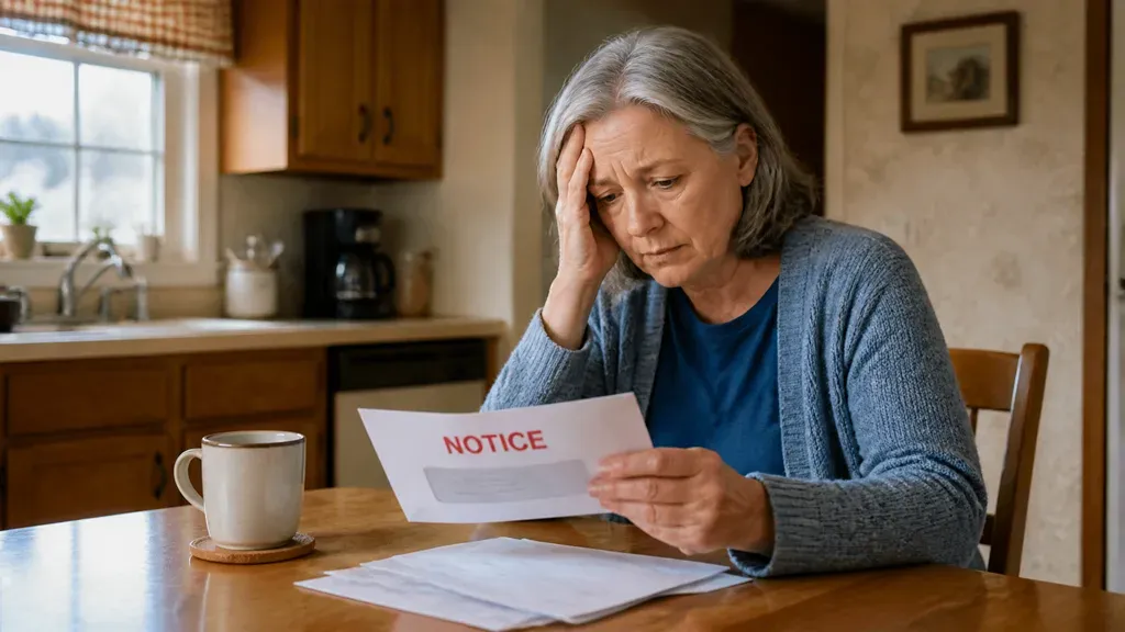 A woman with her hand to her forehead reading a notice letter at her kitchen table.