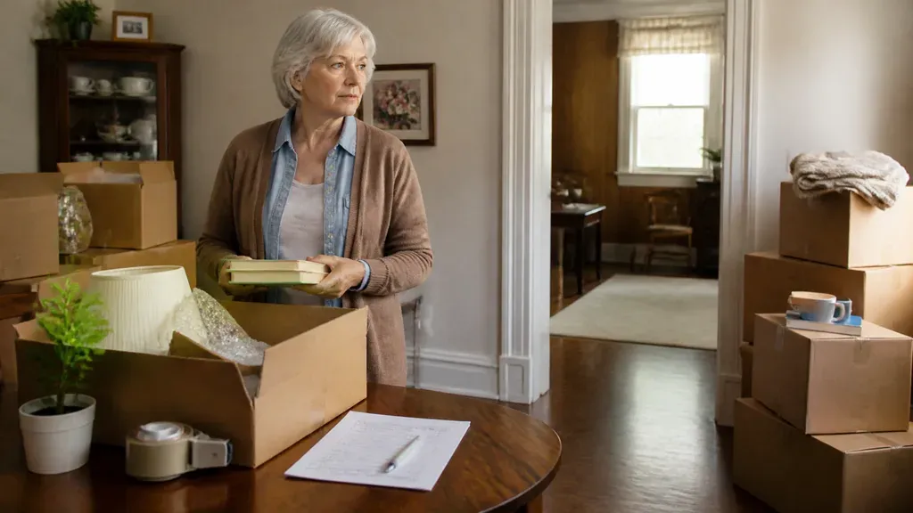A woman carrying a packing box through a hallway stacked with more boxes.