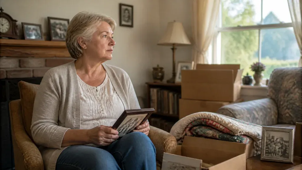 A woman in an armchair holding a framed photograph, packing boxes beside her.