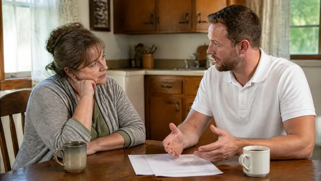 A woman listening with her chin on her hand as a man explains a page across the table.