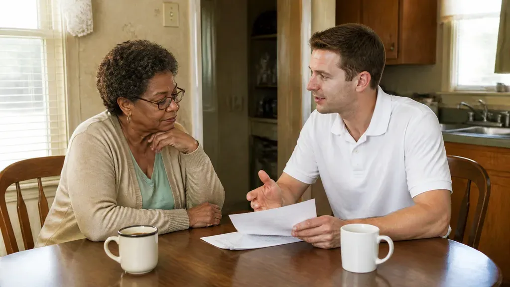 A woman in glasses listening as a man holds up a page across her kitchen table.