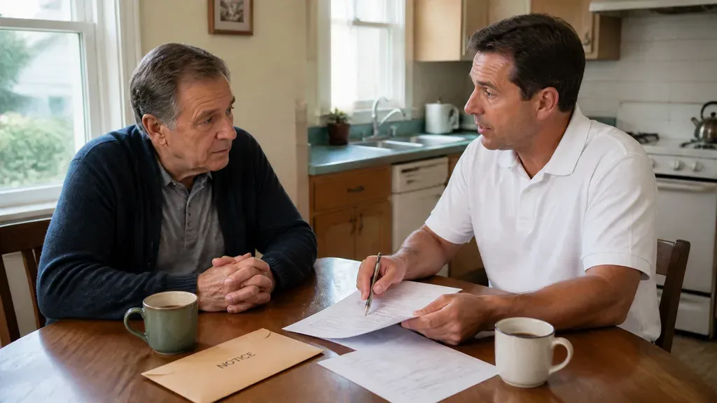 A man signing a document at a kitchen table while another man steadies the page.
