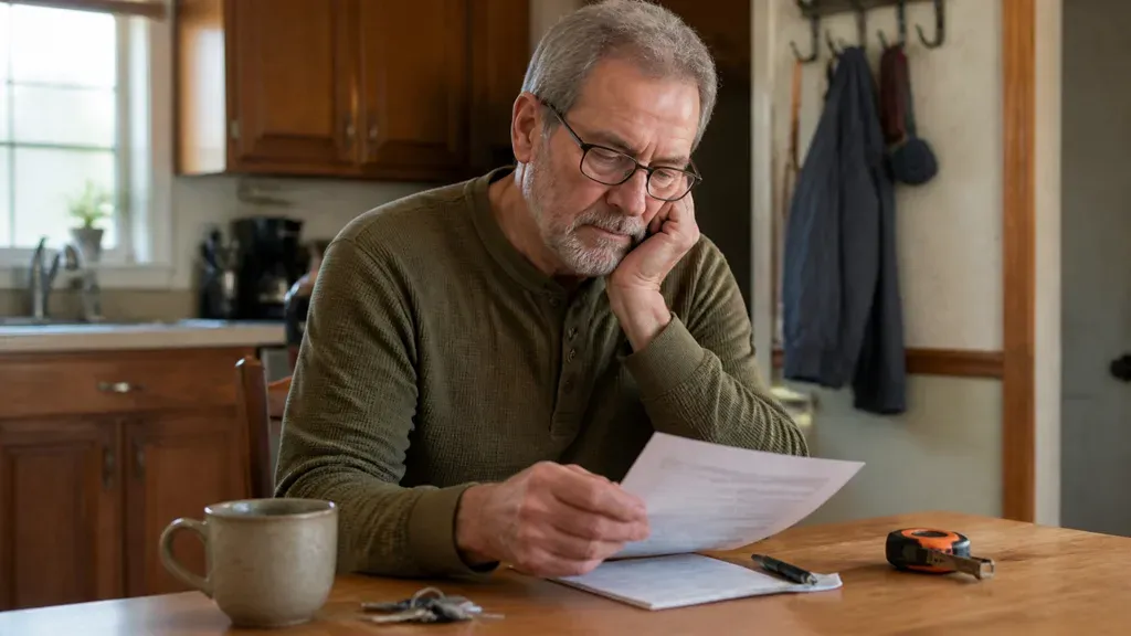 A man in glasses reading a page at his kitchen table, keys and a tool beside him.