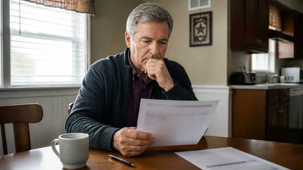A man reading a single page at his kitchen table, hand covering his mouth.