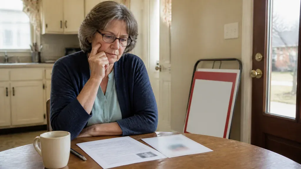A woman in glasses reading paperwork at her table beside a rolled-up sign.