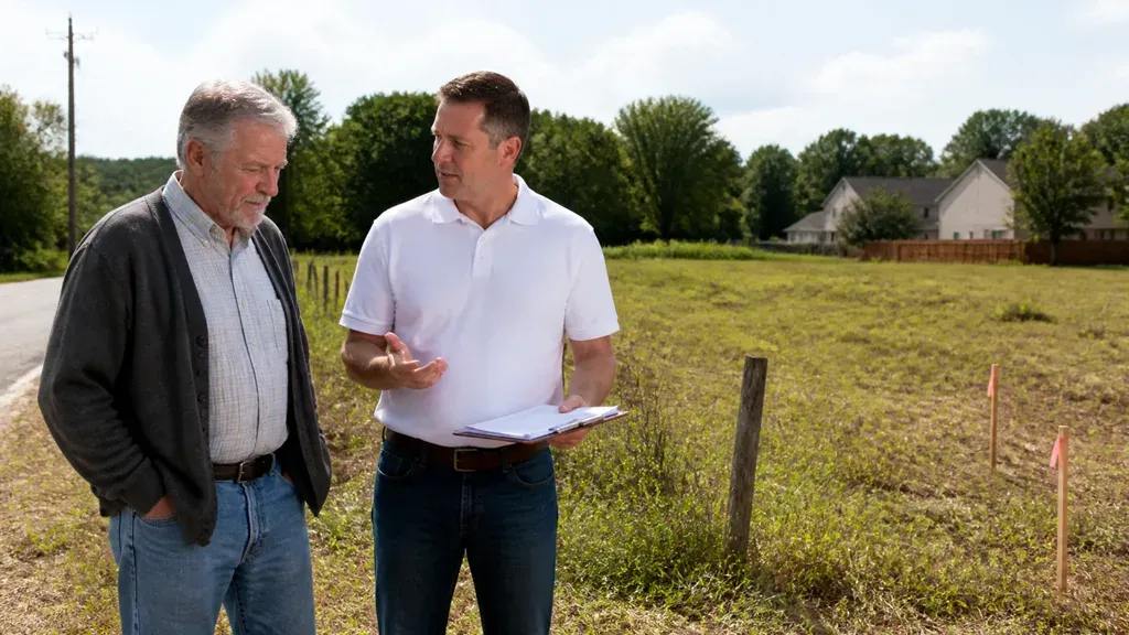 Two men standing at the edge of an empty grass lot marked with survey stakes.