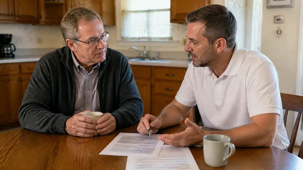 A man signing a page at a kitchen table while another gestures across from him.