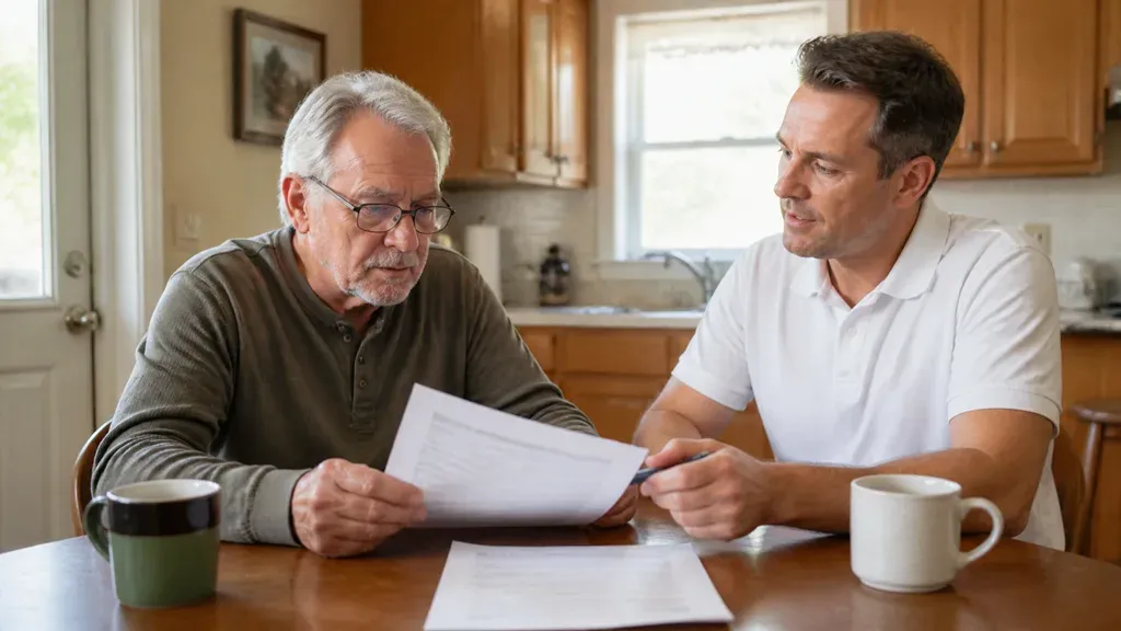 A man in glasses reading stapled pages while a younger man watches from beside him.