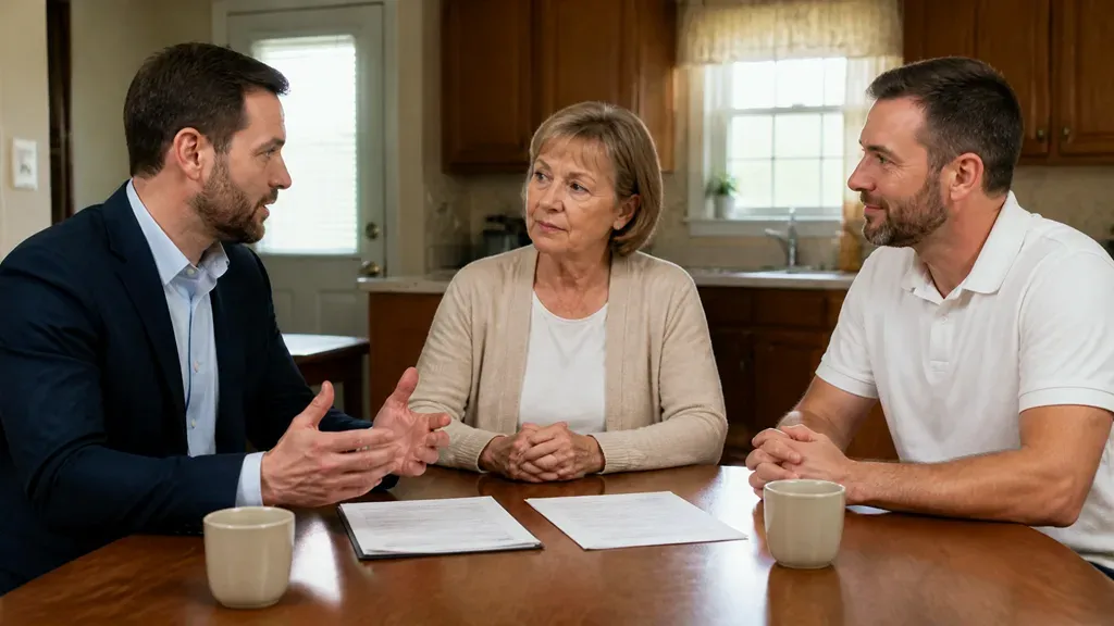 A woman between two men at a kitchen table, both talking to her over paperwork.
