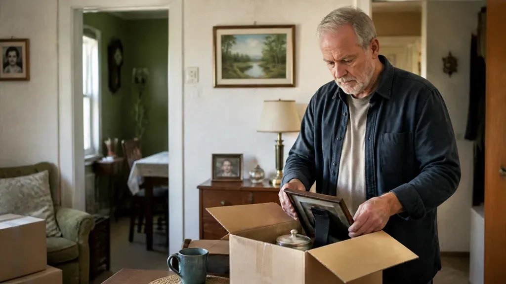 A man taking a framed picture out of a packing box in a hallway of an older house.