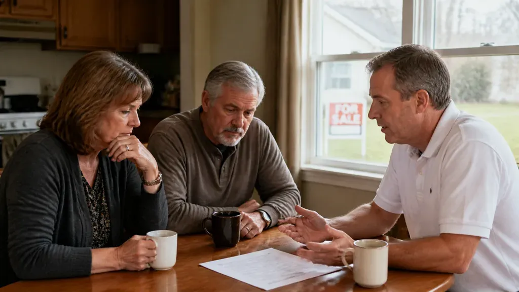 A couple leaning over paperwork at a kitchen table with a man talking opposite.