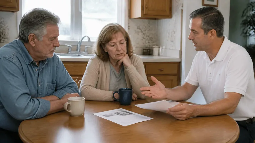 A man and a woman sitting apart at a table while a third man explains a document.