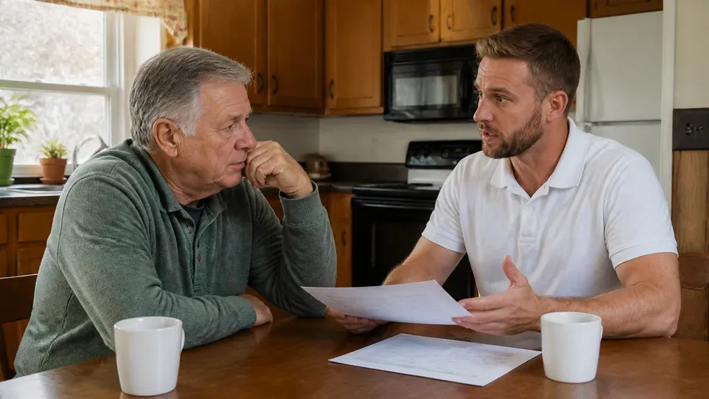 A man holding a page across a kitchen table to an older man resting on his hand.