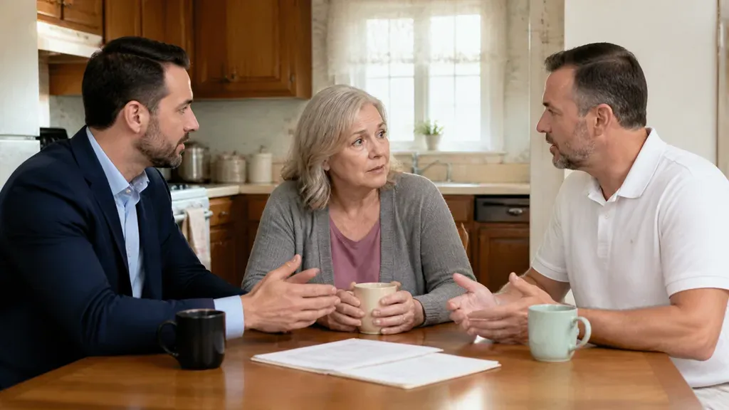 A woman flanked by two men at a kitchen table, one in a suit and one in a polo shirt.