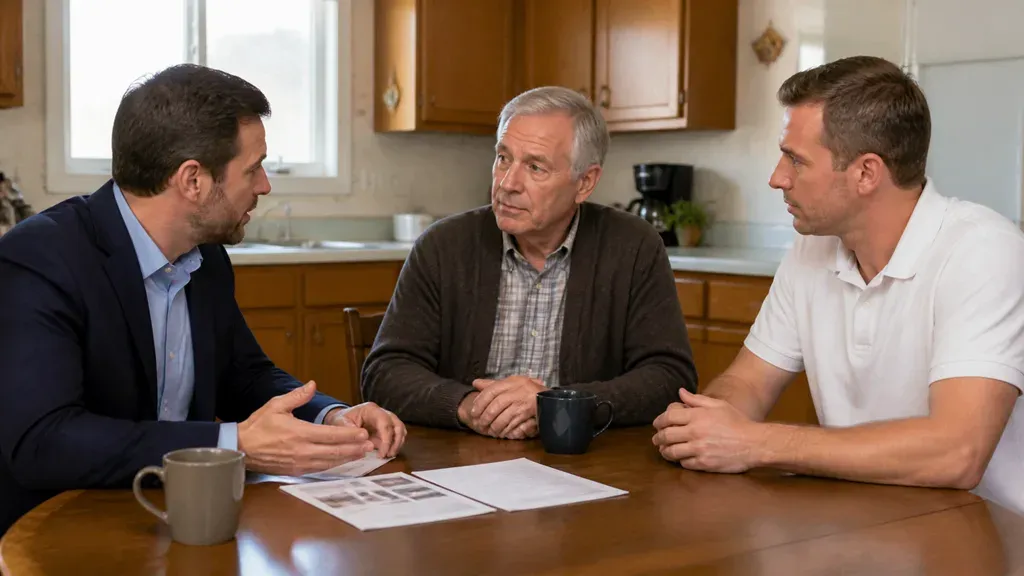 A man in a suit and a man in a polo shirt talking to an older man at a round table.
