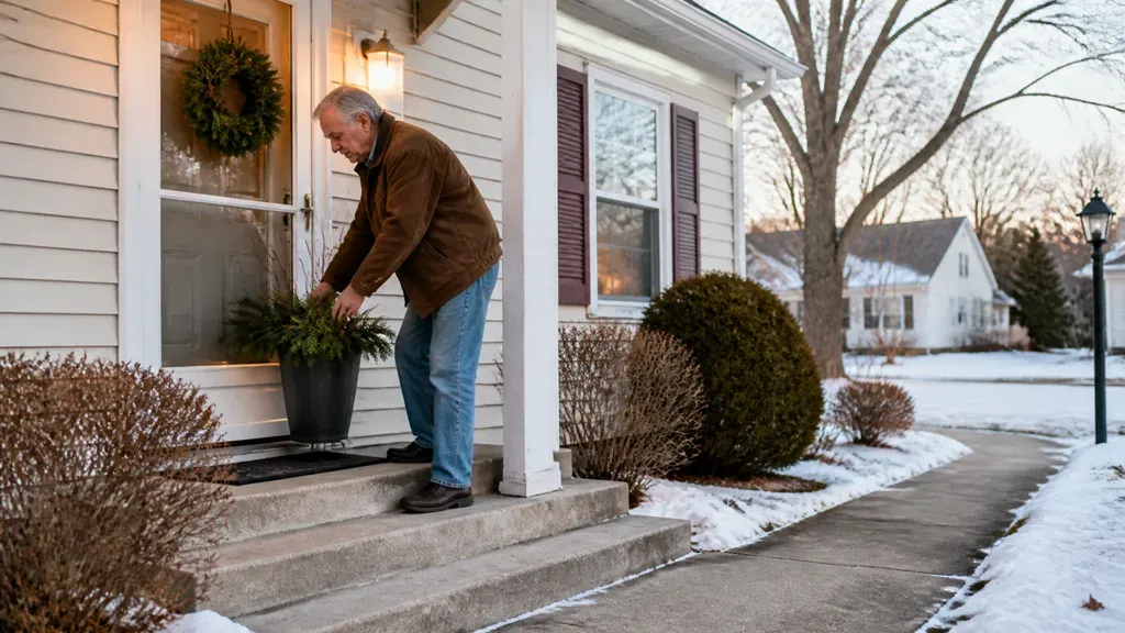 A man setting a planter by his front door on a snowy day, wreath on the wall.