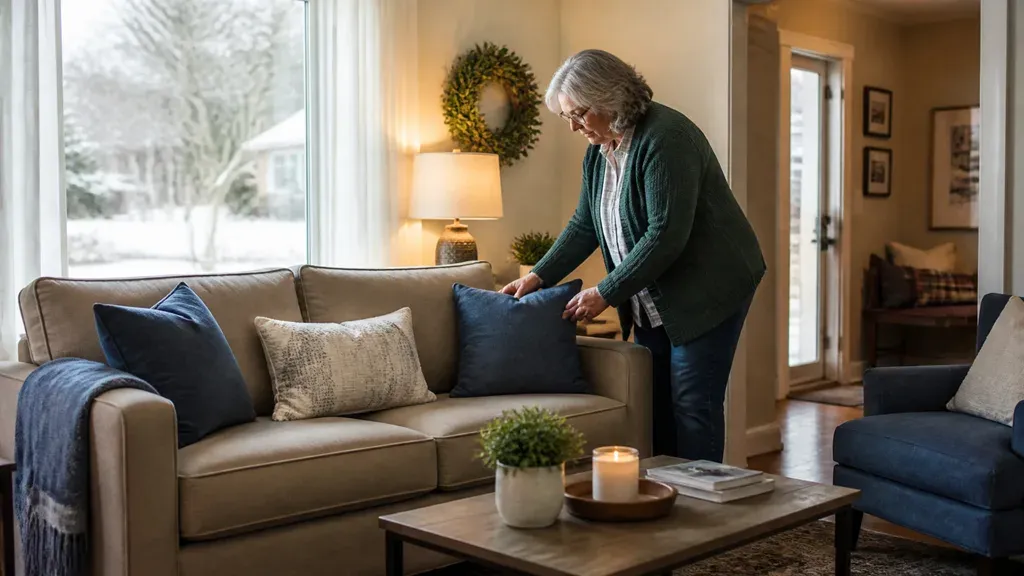 A woman arranging cushions on a sofa in a warmly lit room, snow visible outside.
