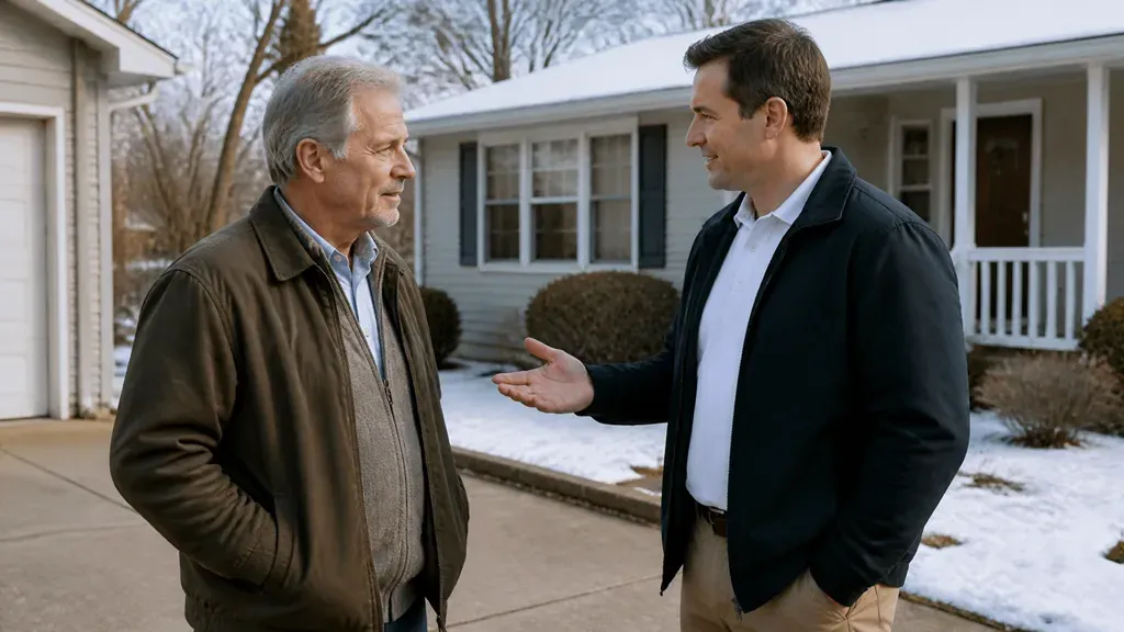 Two men in winter coats talking on a driveway outside a house with snow on the ground.