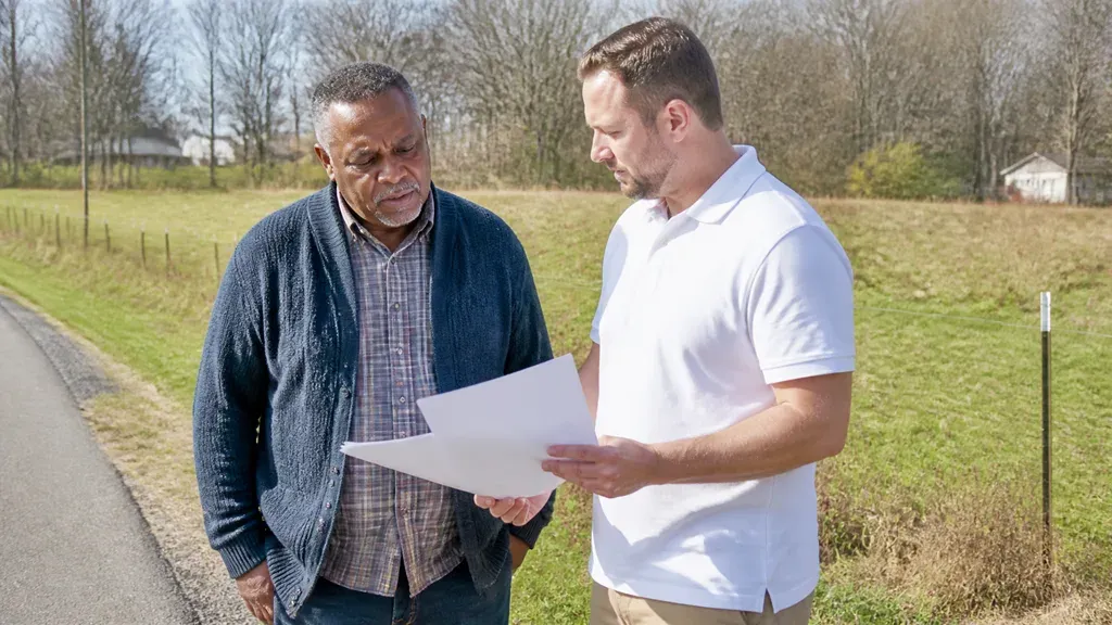 Two men reading a page together at the roadside beside an open field.
