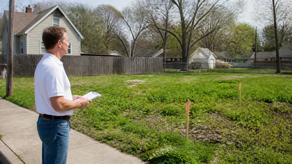 A man with a clipboard on a sidewalk looking across an overgrown vacant lot.