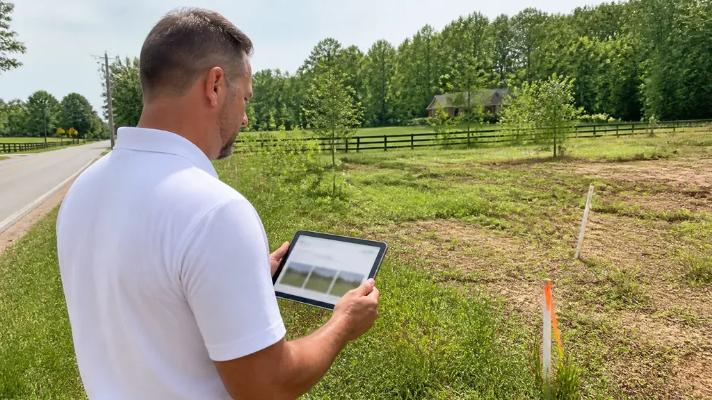 A man holding a tablet at the edge of a rural lot with survey stakes in the grass.