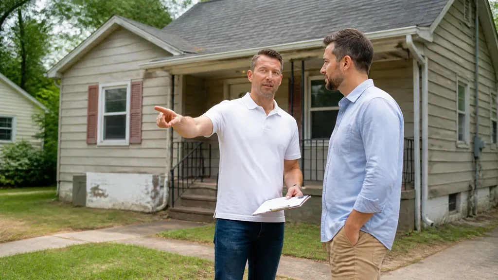 A man pointing out the front of a tired-looking house to another man with a clipboard.