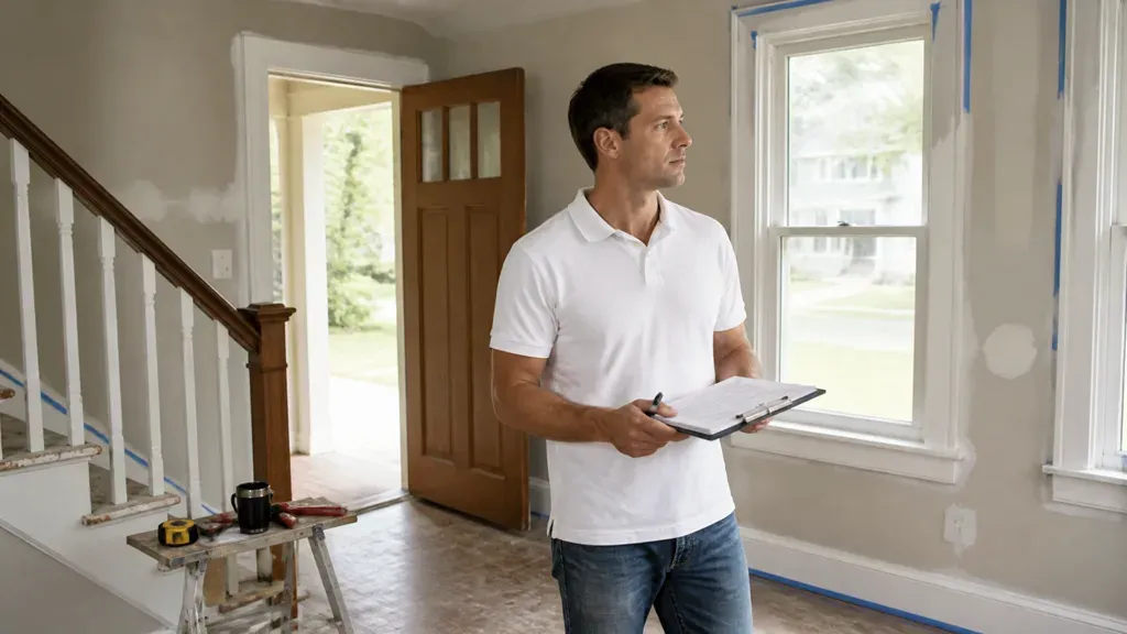 A man with a clipboard standing in an empty room mid-renovation, front door open.