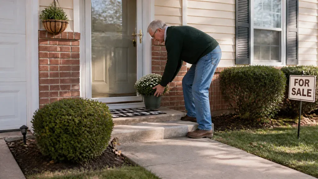 A man straightening a doormat at his front door, a for sale sign in the garden.