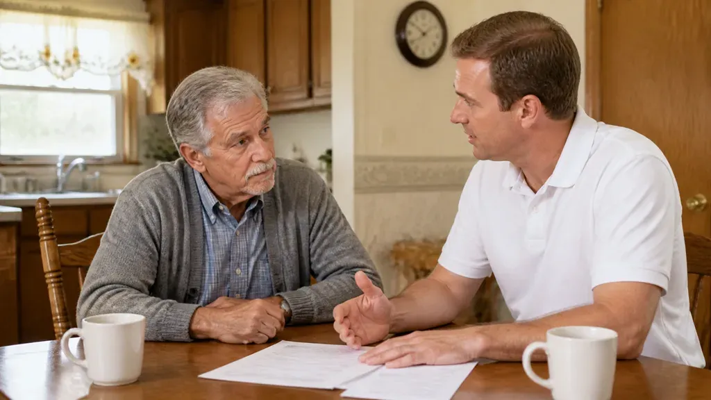 An older man and a younger man talking across a kitchen table with a page between them.