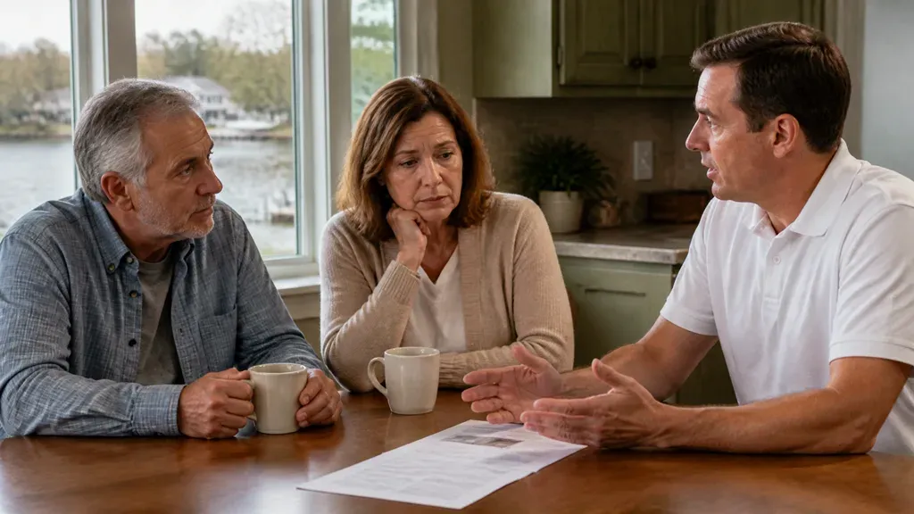 A couple listening to a man gesture over paperwork at a table by a bright window.