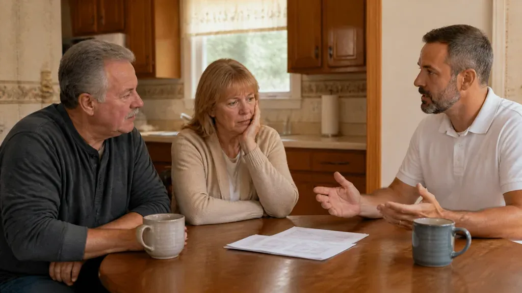 A man and a woman sitting side by side while a third man talks across the table.