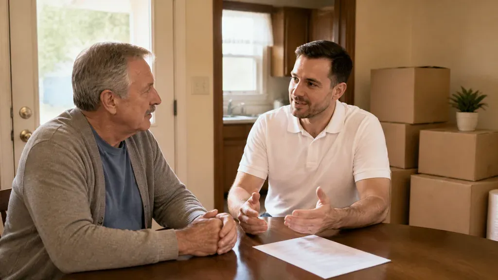 Two men talking at a kitchen table with packing boxes stacked in the corner.
