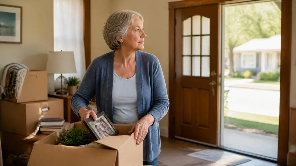 A woman carrying a packing box of belongings towards an open front door.