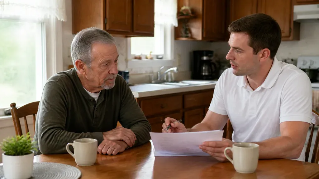 A younger man holding a document while an older man listens across the table.
