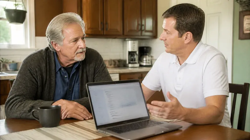 An older man and a younger man discussing a laptop screen at a kitchen table.