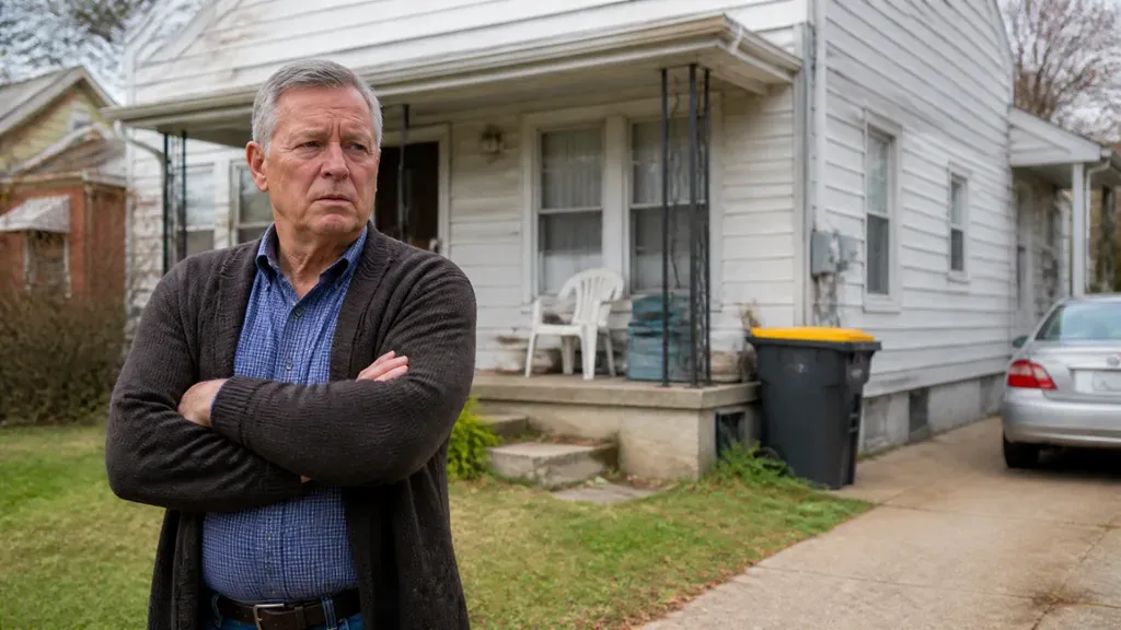 A man standing with folded arms in front of a rundown rental house and a wheelie bin.